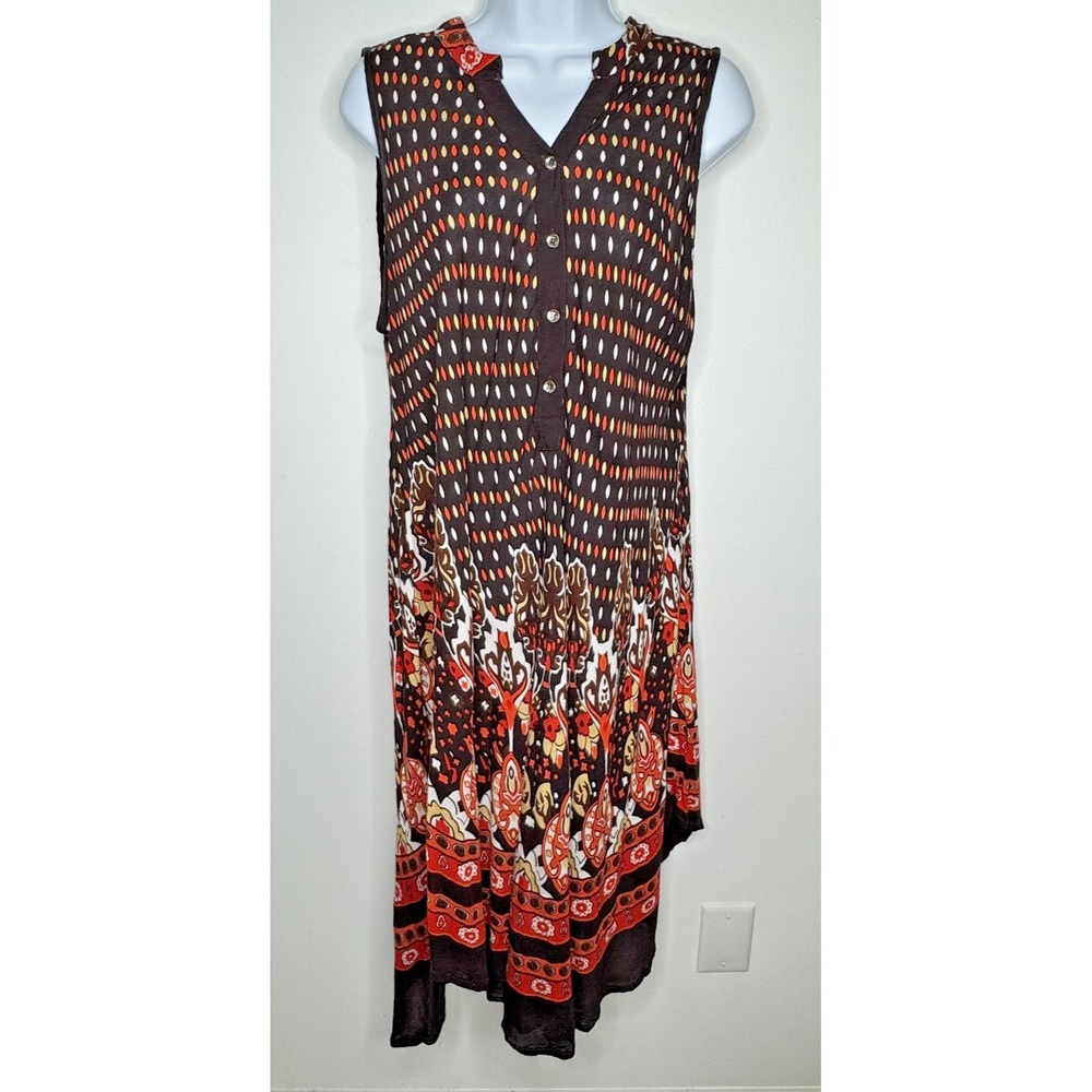 Vtg California Woman Dress Womens XL Black Boho Maxi Button Front Print Rayon
